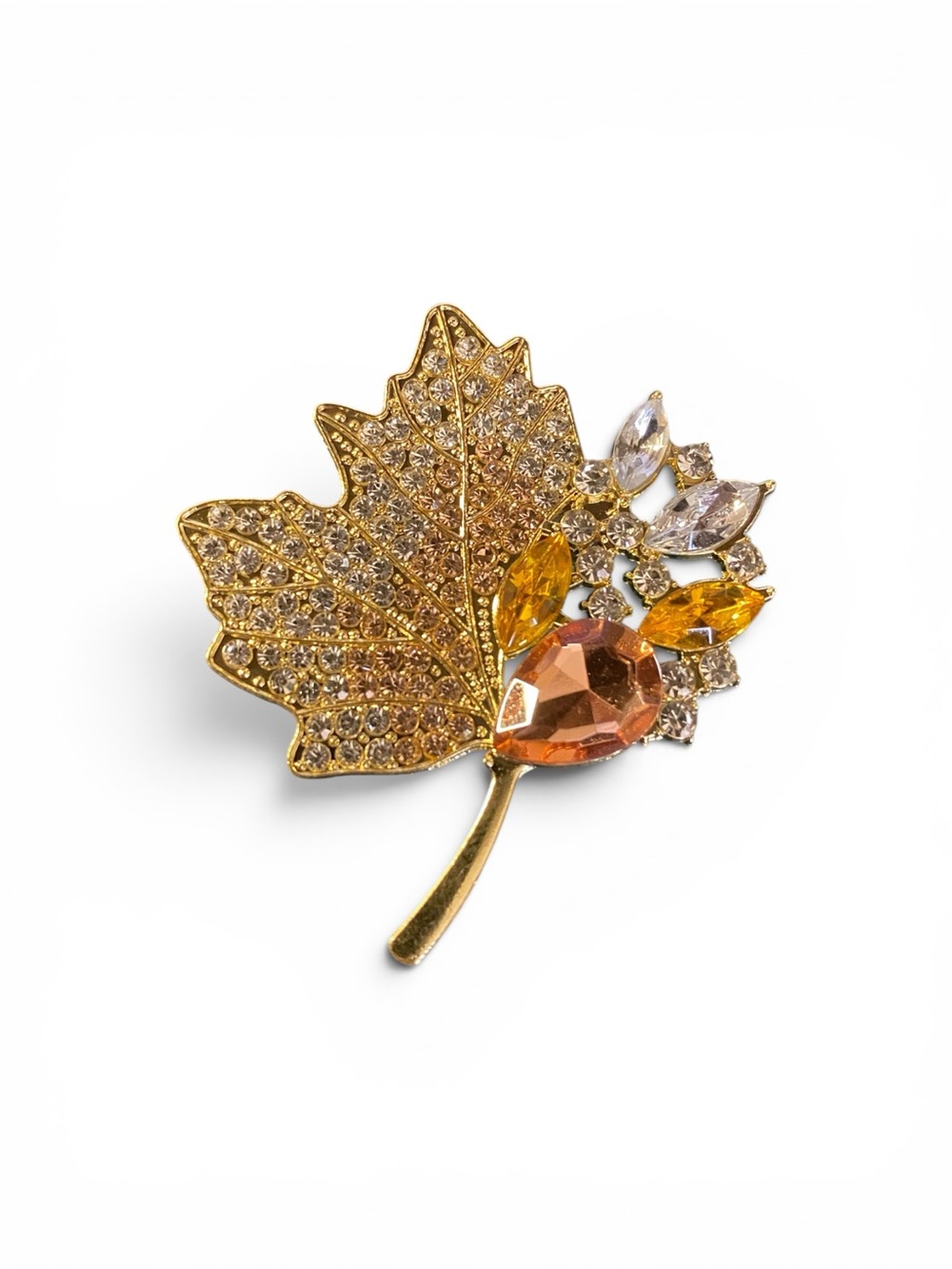 Gold-Tone Autumn Leaf Crystal Brooch - Orange and Clear